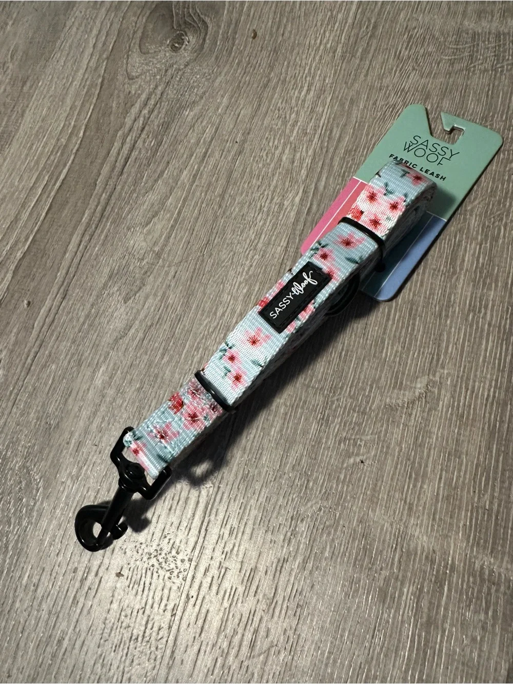 Sassy Woof Floral Blue Fabric Dog Leash - Mint Blue with Pink Blossoms